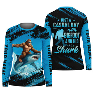Just A Casual Day With Bigfoot And His Shark Fishing UPF Shirts, Funny Fishing Shirt, Women Fishing Shirt