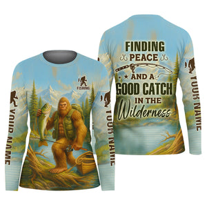 Finding Peace And A Good Catch In The Wilderness Bigfoot Fishing UPF Shirts, Funny Women Fishing Shirt