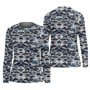 Blue Camo Performance Fishing Shirts, Fishing Shirt For Women, SPF Long Sleeve Shirts Womens