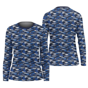 Blue Fish Pattern Performance Fishing Shirts, Fishing Shirt For Women, SPF Long Sleeve Shirts Womens