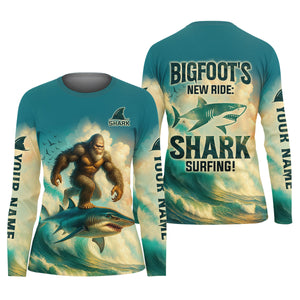 Bigfoot's New Ride Shark Surfing Fishing UPF Shirts, Funny Fishing Shirt, Women Fishing Shirt
