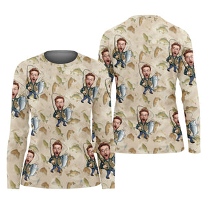 Custom Face Fisherwomen Female Fishing Shirts, SPF Long Sleeve Shirts Womens