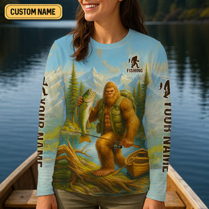 Finding Peace And A Good Catch In The Wilderness Bigfoot Fishing UPF Shirts, Funny Women Fishing Shirt
