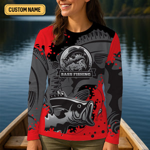 Black Red Bass Fishing Tournament Fishing Shirts, SPF Long Sleeve Shirts Womens