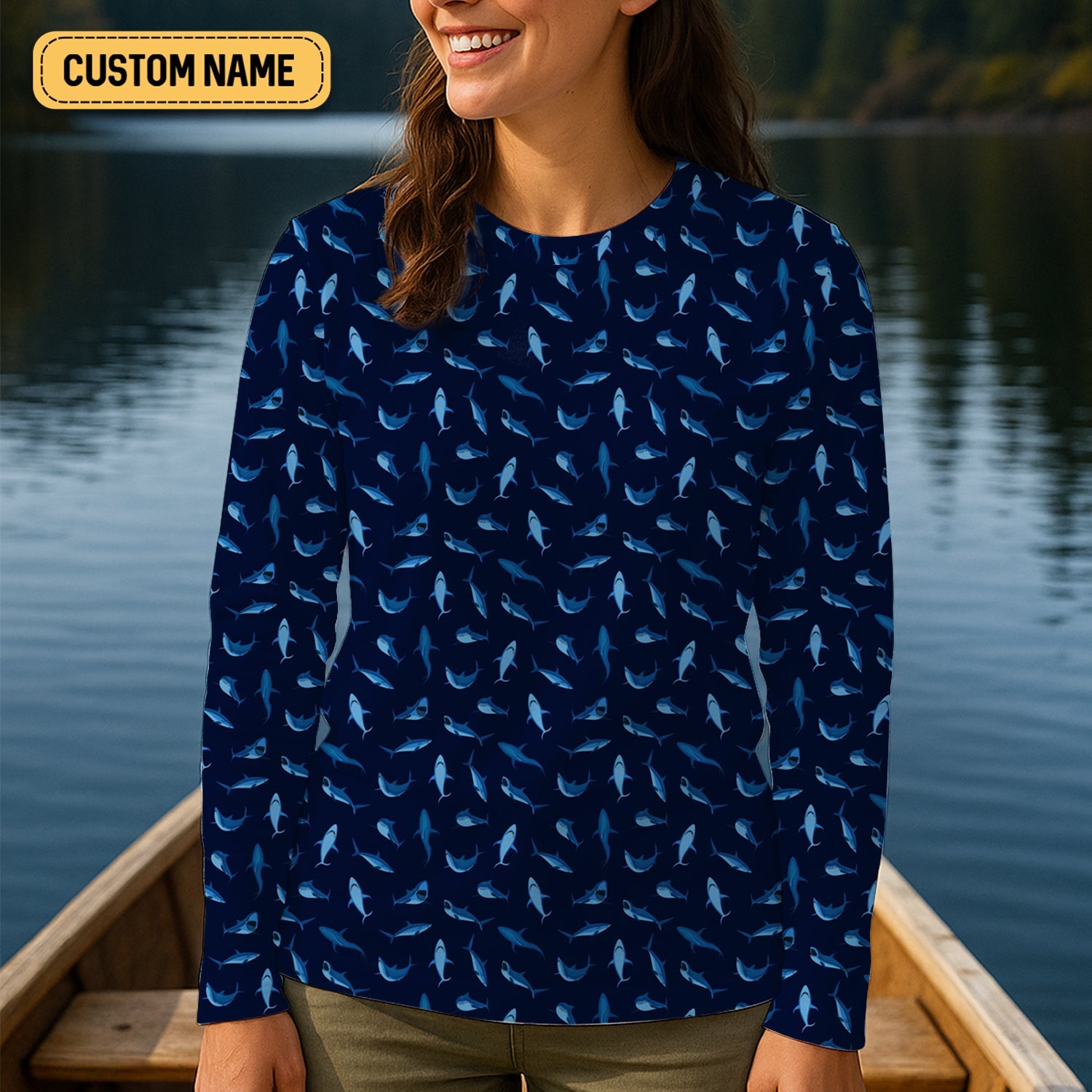 Shark Pattern Performance Fishing Shirts, Fishing Shirt For Women, SPF Long Sleeve Shirts Womens