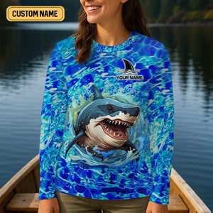 Shark Fishing UPF Shirts, Shark Mode On Fear The Deep, Women Fishing Shirt, SPF Long Sleeve Shirts Womens