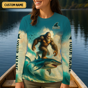 Bigfoot's New Ride Shark Surfing Fishing UPF Shirts, Funny Fishing Shirt, Women Fishing Shirt