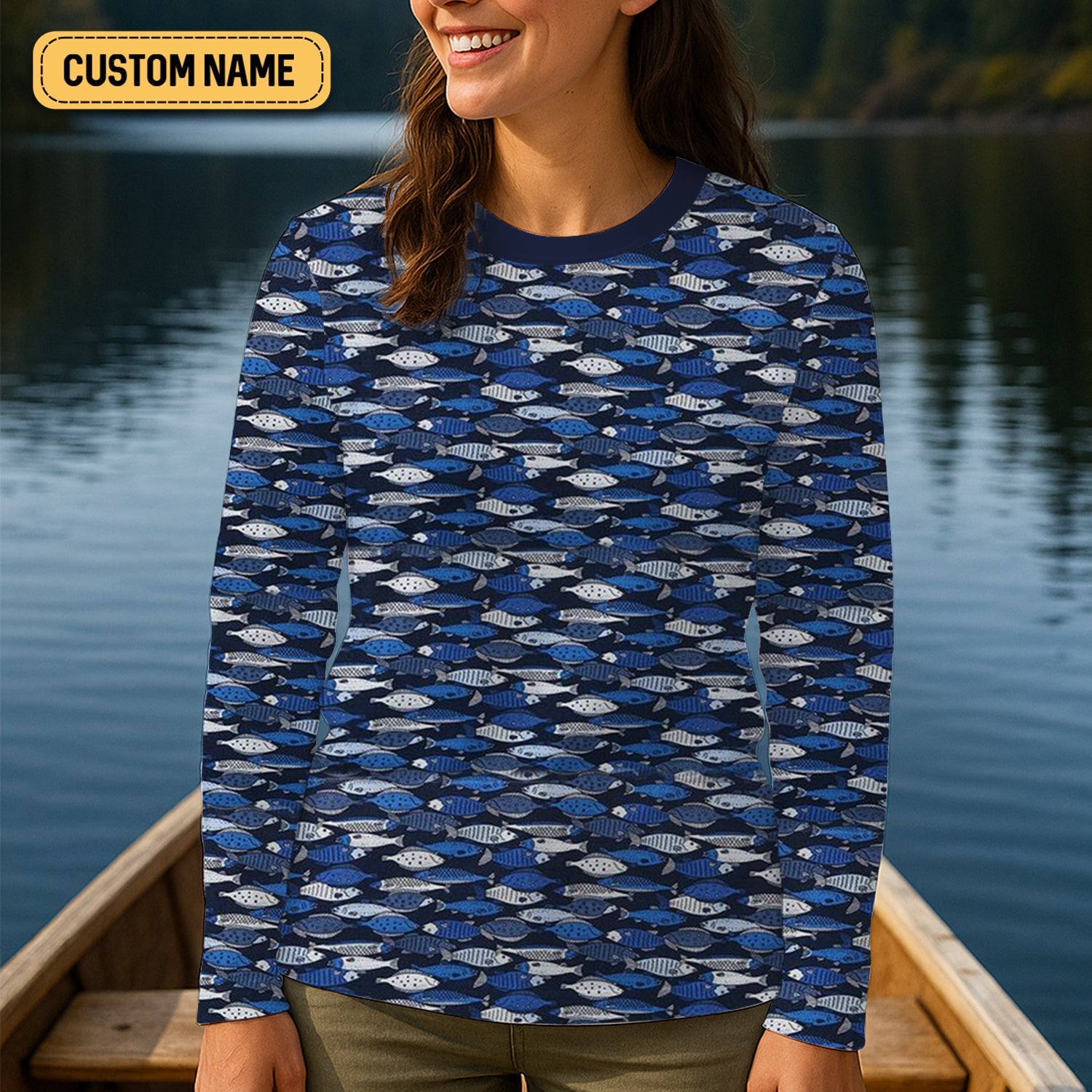 Blue Fish Pattern Performance Fishing Shirts, Fishing Shirt For Women, SPF Long Sleeve Shirts Womens