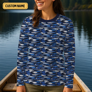 Blue Fish Pattern Performance Fishing Shirts, Fishing Shirt For Women, SPF Long Sleeve Shirts Womens