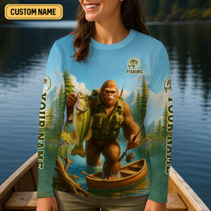 Bigfoot Legendary Adventures Await Bass Fishing Shirt, Funny Fishing Shirt, SPF Shirt, Female Fishing Shirts