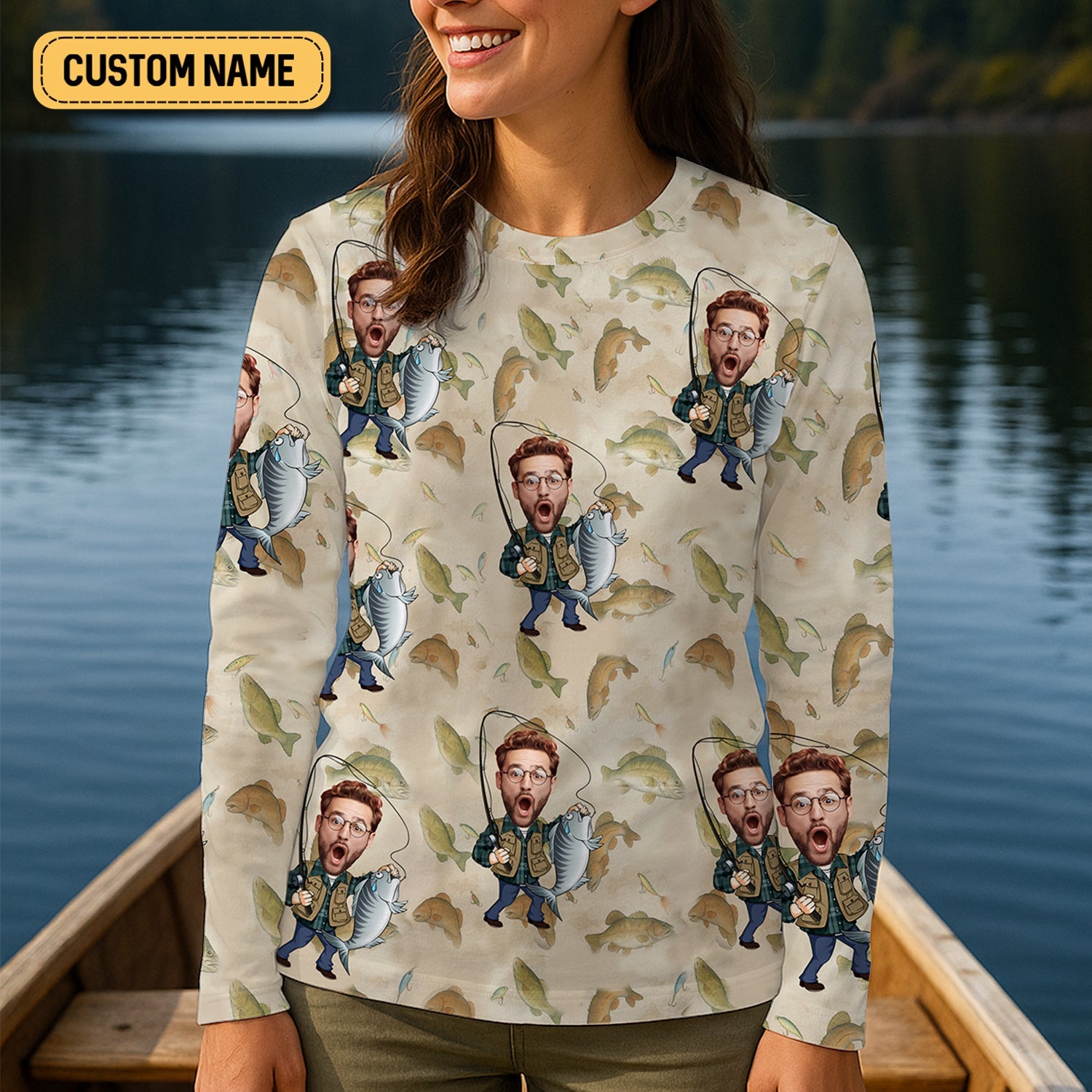 Custom Face Fisherwomen Female Fishing Shirts, SPF Long Sleeve Shirts Womens