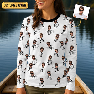Funny Stick Figure Fishing Pose Custom Face Women SPF Shirt, Funny Fishing Shirt, Women Fishing Shirt