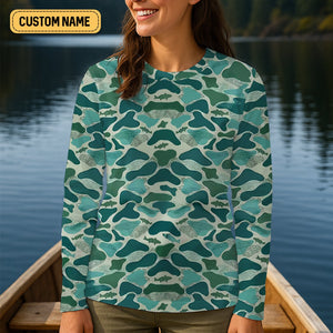 Green Camo Performance Fishing Shirts, Fishing Shirt For Women, SPF Long Sleeve Shirts Womens
