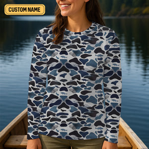 Blue Camo Performance Fishing Shirts, Fishing Shirt For Women, SPF Long Sleeve Shirts Womens