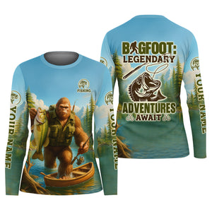 Bigfoot Legendary Adventures Await Bass Fishing Shirt, Funny Fishing Shirt, SPF Shirt, Female Fishing Shirts