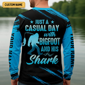 Just A Casual Day With Bigfoot And His Shark Fishing UPF Shirts, Funny Fishing Shirt, Presents For Fishermen