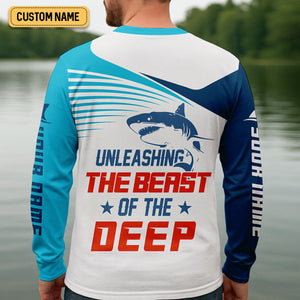 Deep Blue Shark Attack, Unleashing The Beast Of The Deep Fishing UPF Shirts, Mens Fishing Shirts Long Sleeve