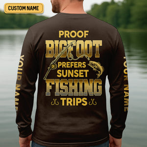 Proof Bigfoot Prefers Sunset Fishing Trips Fishing UPF Shirts, Funny Fishing Shirt, Fishing Shirts For Men