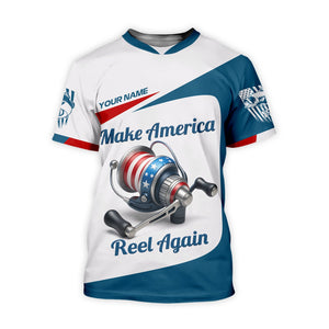 Make America Reel Again Patriotic Fishing Shirt, Performance Fishing Shirts, Fishing Shirts For Men