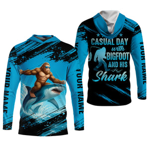 Just A Casual Day With Bigfoot And His Shark Fishing UPF Shirts, Funny Fishing Shirt, Presents For Fishermen