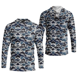 Blue Camo Performance Fishing Shirts, SPF Shirt For Men, Hooded Fishing Shirt, Fishing Shirts For Men