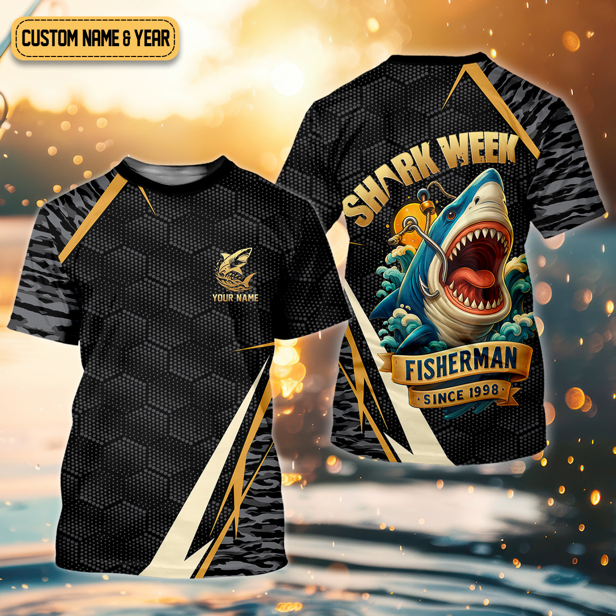 Shark Week Hexagon Pattern Black Fishing Shirt, SPF Shirt For Men, Men's Fishing Shirt