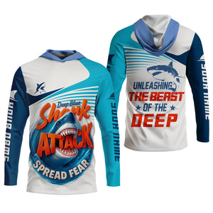 Deep Blue Shark Attack, Unleashing The Beast Of The Deep Fishing UPF Shirts, Mens Fishing Shirts Long Sleeve