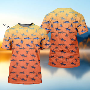 Swordfish Pattern Orange Fishing Shirt, Cute Fishing Outfits, SPF Shirt For Men, Men's Fishing Shirt