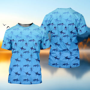 Swordfish Pattern Blue Fishing Shirt, Cute Fishing Outfits, SPF Shirt For Men, Men's Fishing Shirt