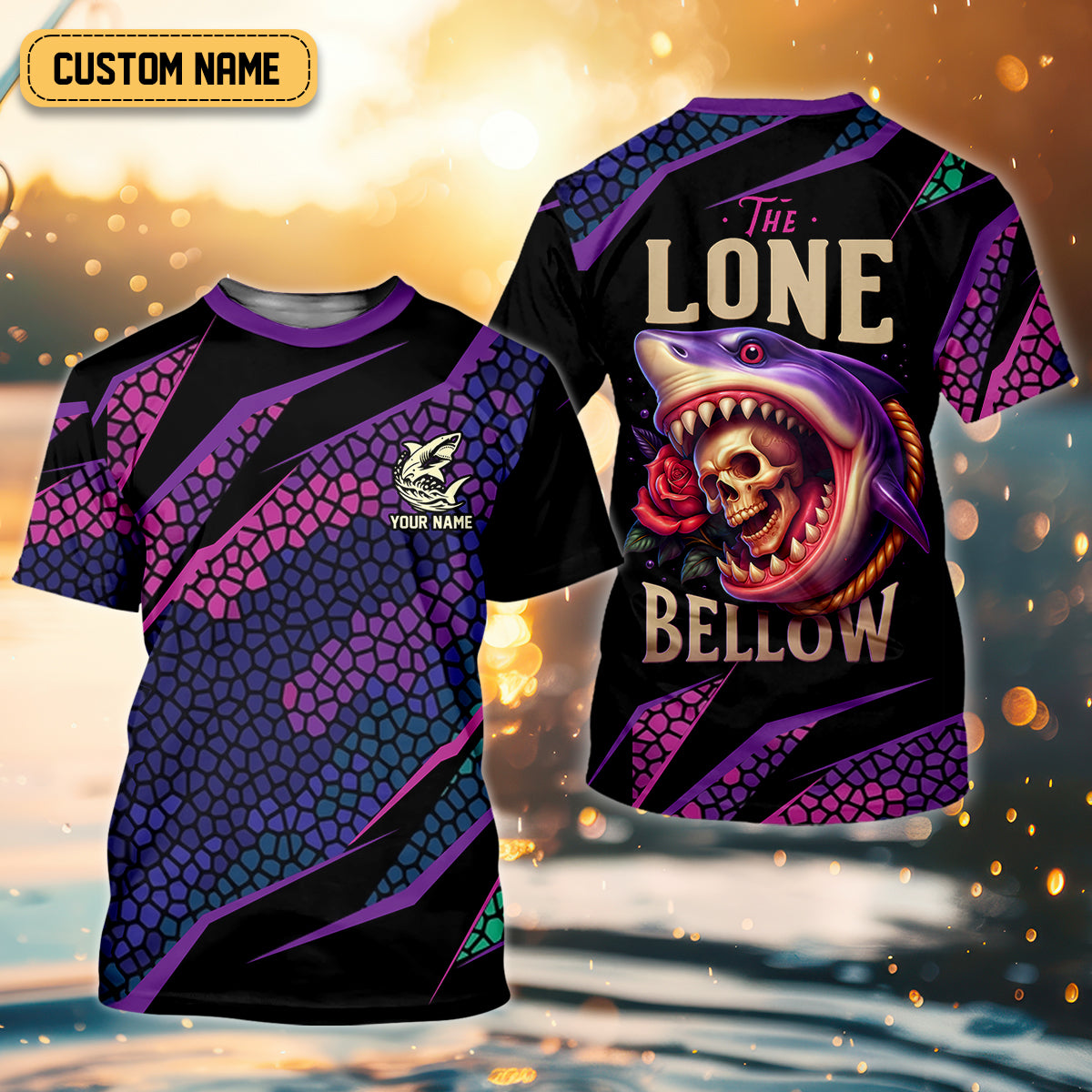 The Lone Below Shark And Skull Purple Fishing Shirt, SPF Shirt For Men, Men's Fishing Shirt