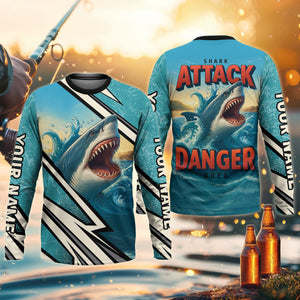 Shark Fishing SPF Shirts, Shark Attack Danger Area Fishing Shirts For Men, Funny Fisherman Gift