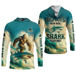 Bigfoot's New Ride Shark Surfing Fishing UPF Shirts, Funny Fishing Shirt, Women Fishing Shirt