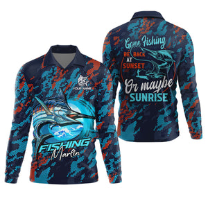 Marlin Fishing SPF Shirts, Gone Fishing Be Back At Sunset Or Maybe Sunrise Shirts For Men, Funny Fisherman Gift