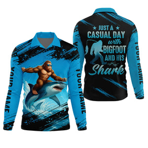 Just A Casual Day With Bigfoot And His Shark Fishing UPF Shirts, Funny Fishing Shirt, Presents For Fishermen