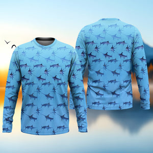 Swordfish Pattern Blue Fishing Shirt, Cute Fishing Outfits, SPF Shirt For Men, Men's Fishing Shirt