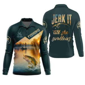 Jerk It Till She Swallows Fishing UV Shirts, Fish Shirt Funny, Fishing Jersey, Fishing Shirts For Men