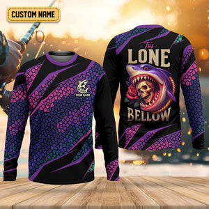 The Lone Below Shark And Skull Purple Fishing Shirt, SPF Shirt For Men, Men's Fishing Shirt