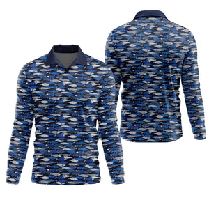 Blue Fish Pattern Performance Fishing Shirts, SPF Shirt For Men, Hooded Fishing Shirt, Fishing Shirts For Men