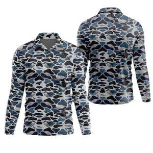 Blue Camo Performance Fishing Shirts, SPF Shirt For Men, Hooded Fishing Shirt, Fishing Shirts For Men
