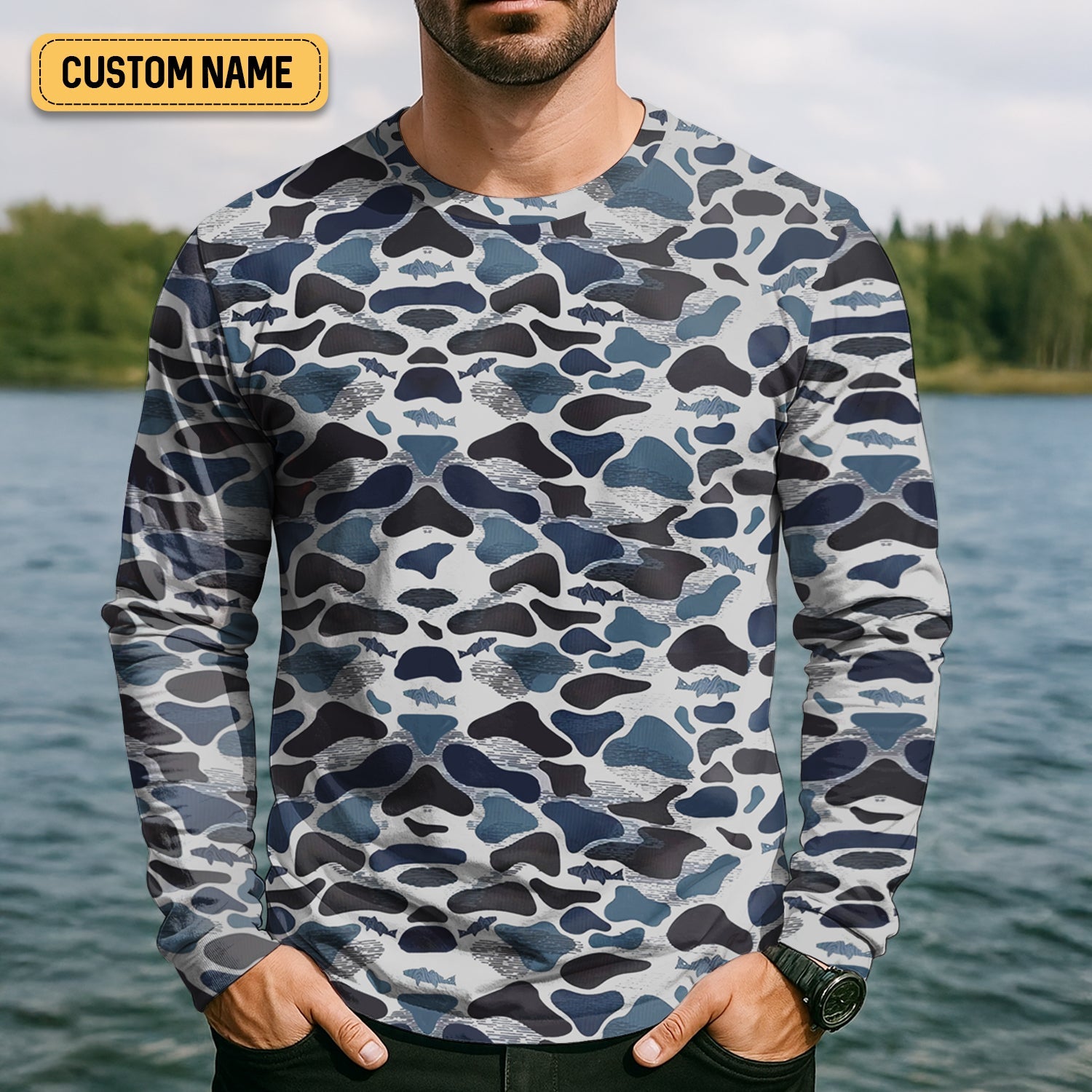 Blue Camo Performance Fishing Shirts, SPF Shirt For Men, Hooded Fishing Shirt, Fishing Shirts For Men