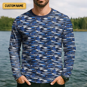 Blue Fish Pattern Performance Fishing Shirts, SPF Shirt For Men, Hooded Fishing Shirt, Fishing Shirts For Men