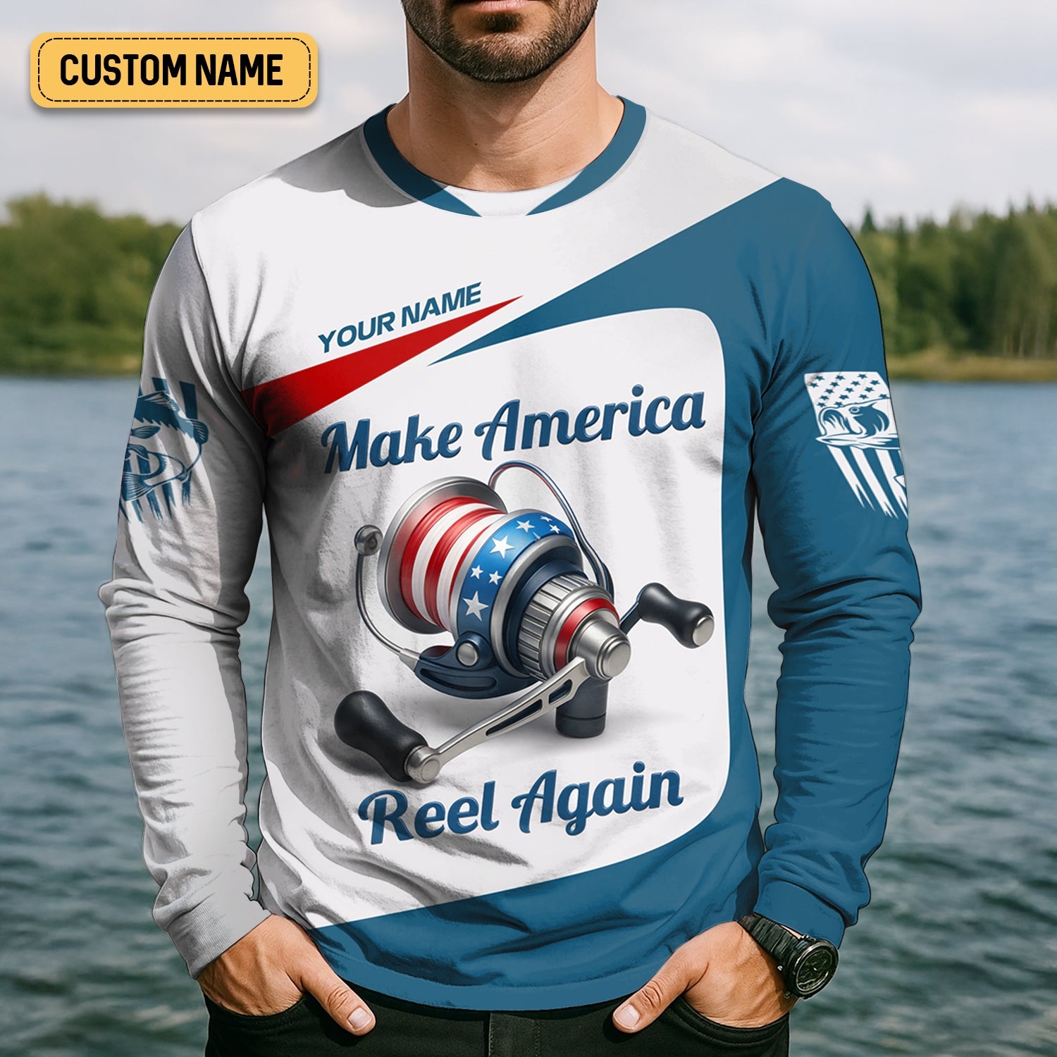 Make America Reel Again Patriotic Fishing Shirt, Performance Fishing Shirts, Fishing Shirts For Men