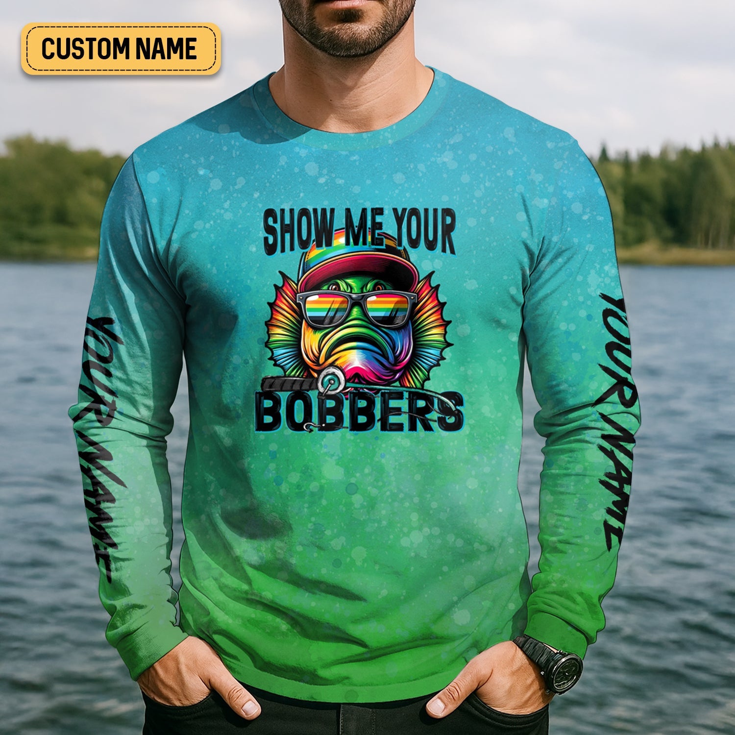 Show Me Your Bobbers Shirt, Green Blue Neon Men Fishing Shirt, Funny Fishing Shirt, SPF Shirt