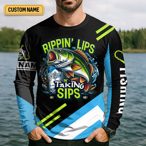 Rippin' Lips Taking Sips SPF Long Sleeve Shirts, Beer Fishing Shirt, Funny Fishing Shirt, Fishing Shirts For Men