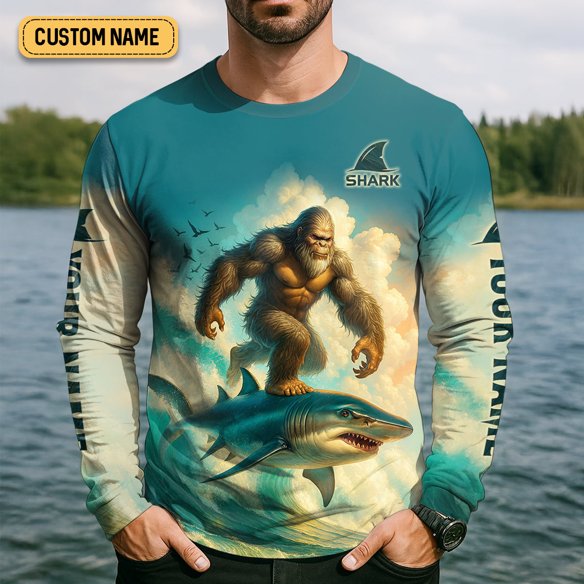 Bigfoot's New Ride Shark Surfing Fishing UPF Shirts, Funny Fishing Shirt, Presents For Fishermen