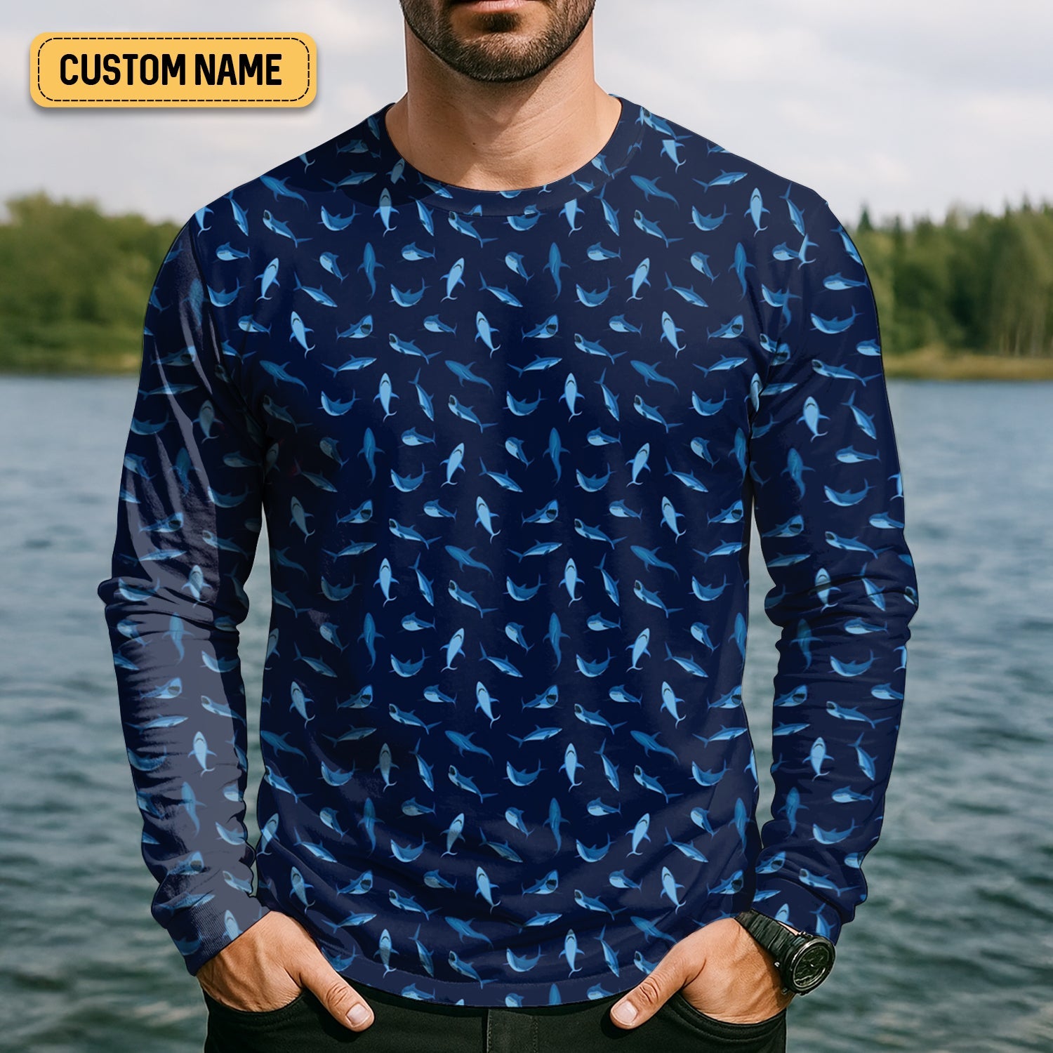 Shark Pattern Performance Fishing Shirts, SPF Shirt For Men, Hooded Fishing Shirt, Fishing Shirts For Men