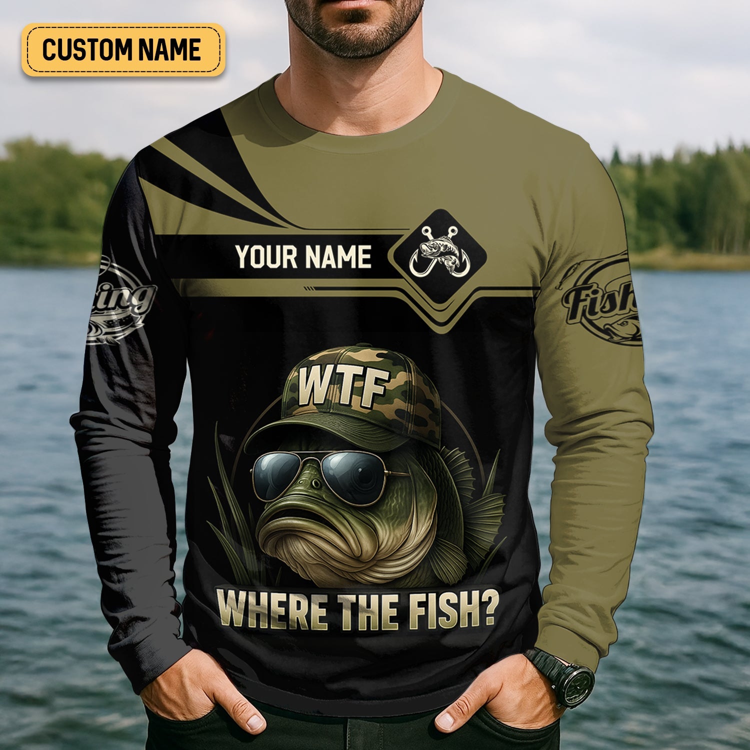 WTF Where The Fish Camo Bass Fishing Shirt, Funny Fishing Shirt, SPF Shirt For Men, Men's Fishing Shirt