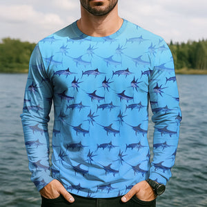 Swordfish Pattern Blue Fishing Shirt, Cute Fishing Outfits, SPF Shirt For Men, Men's Fishing Shirt