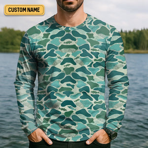 Green Camo Performance Fishing Shirts, SPF Shirt For Men, Hooded Fishing Shirt, Fishing Shirts For Men