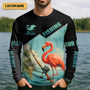 Flamingo Fishing, Hooded UPF Shirt, Funny Fishing Shirt, Men Jersey, Presents For Fishermen